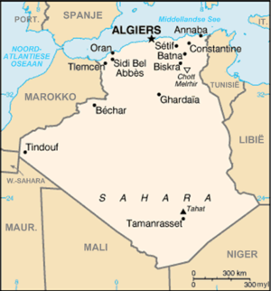Kaart van Algerië waarop Algiers aangedui is.