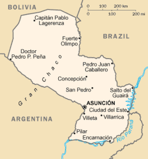 Kaart van Paraguay wat die stad Asuncion aandui.